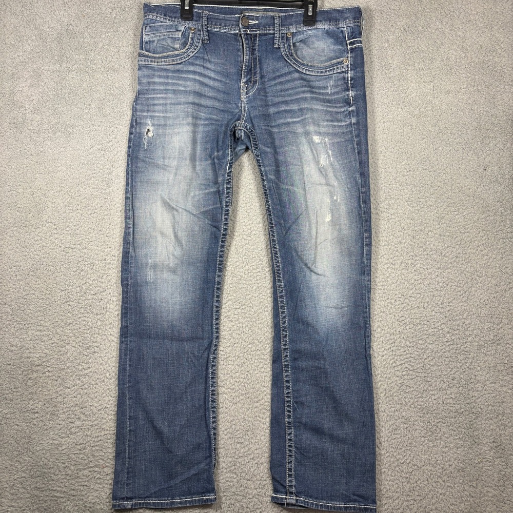 BKE Jeans Mens 36L 38x33 Blue Carter Straight Distressed Denim Pants